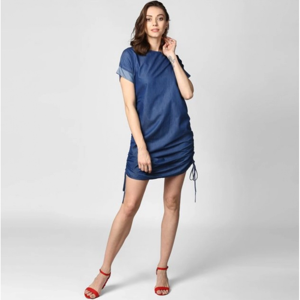 Women's Denim Solid Close Neck Short Sleeve Dress (Blue)