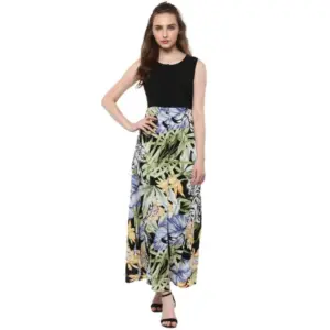 Women's Rayon Floral Round Neck Sleeveless Dress (Multicolor)
