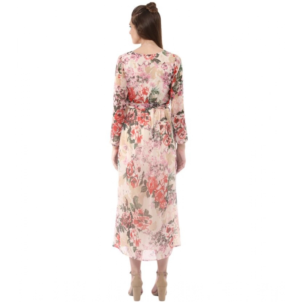 Women's Chiffon Floral Round Neck Long Sleeves Dress (Multicolor) - Image 4