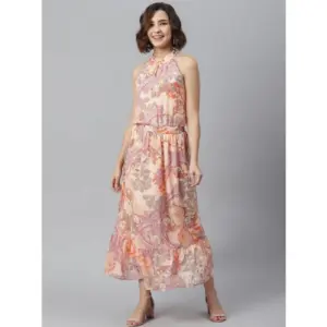 Women's Polyester Maxi Halter Neck Sleeveless Dress (Peach)