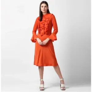 Women's Polyester Ruffled Close Neck Long Sleeves Dress (Orange)