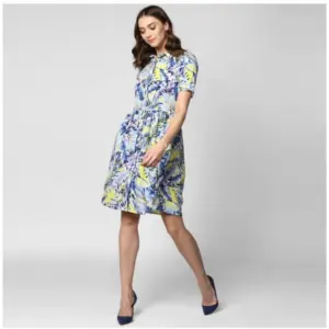 Women's Polyester Floral Collar Neck Short Sleeve Dress (Blue-Yellow)