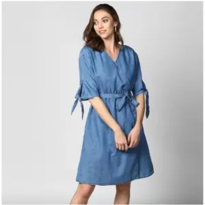Women's Denim Solid V-Neck Tie Ups Dress (Blue)