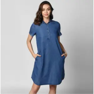 Women's Denim Solid Collar Neck Short Sleeve Dress (Blue)