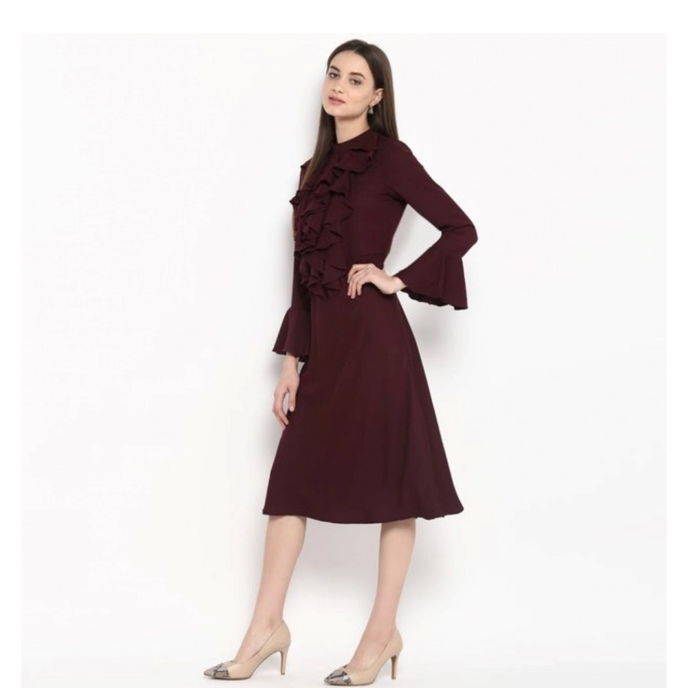 Women's Polyester Ruffled Close Neck Bell Sleeve Dress (Maroon) - Image 3