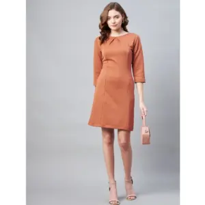 Women's Polyester Jacquard Self Design Round Neck 3/4th Sleeves Dress (Rust)