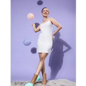 Women's Polyester Lycra Embellished Square Neck Sleeveless Dress (Silver)