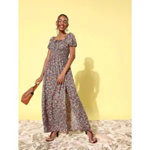 Women's Polyester Moss Floral Square Neck Puff Sleeve Dress (Multicolor)