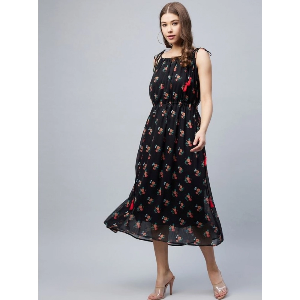Women's Chiffon Floral Square Neck Sleeveless Dress (Black) - Image 3