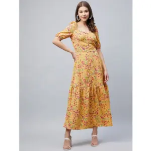 Women's Polyester Moss Floral Square Neck Half Sleeve Dress (Pink)