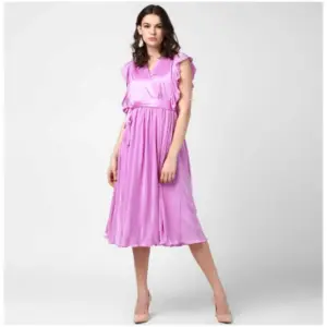 Women's Polyester Pleated V-Neck Flutter Dress (Lavender)