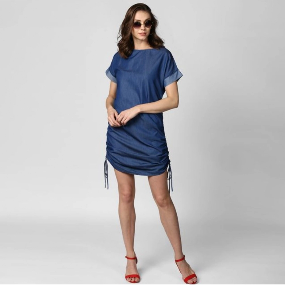 Women's Denim Solid Close Neck Short Sleeve Dress (Blue) - Image 3