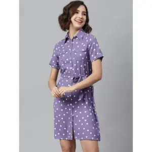 Women's Polyester Polka Collar Neck Short Sleeve Dress (Lavender)