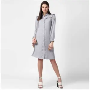 Women's Polyester Floral Collar Neck Long Sleeves Dress (Blue)