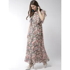 Women's Polyester Floral Round Neck Flutter Dress (Multicolor)