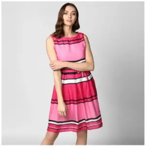 Women's Polyester Striped Close Neck Sleeveless Dress (Pink)
