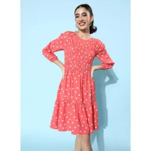 Women's Polyester Moss Polka Round Neck 3/4th Sleeves Dress (Pink)