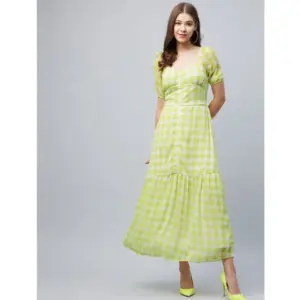 Women's Polyester-Cotton Blend Checkered Square Neck Half Sleeve Dress (Lime Green)