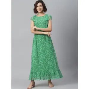 Women's Polyester Floral Round Neck Short Sleeve Dress (Green)