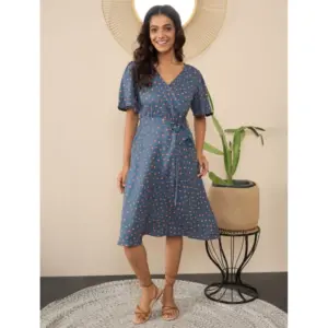 Women's Polyester Moss Polka V-Neck Bell Sleeve Dress (Grey)