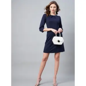Women's Polyester Jacquard Self Design Round Neck 3/4th Sleeves Dress (Navy)