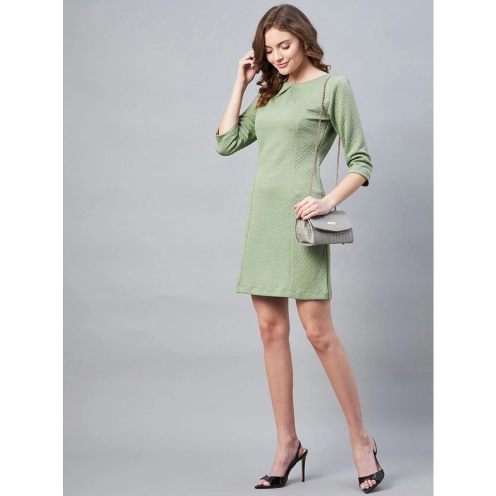 Women's Polyester Jacquard Self Design Round Neck 3/4th Sleeves Dress (Olive) - Image 3