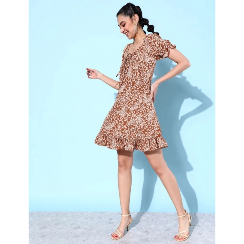 Women's Polyester Crepe Floral Square Neck Short Sleeve Dress (Rust) - Image 3