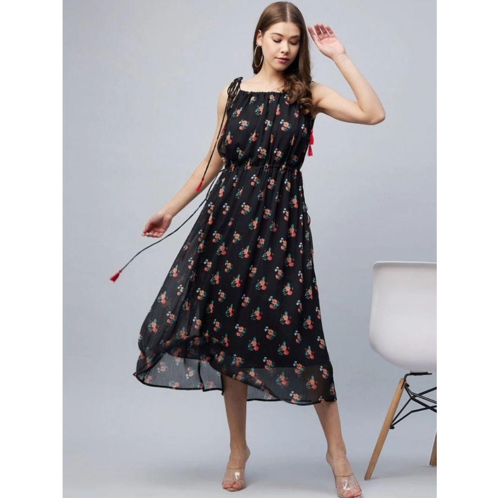 Women's Chiffon Floral Square Neck Sleeveless Dress (Black) - Image 4