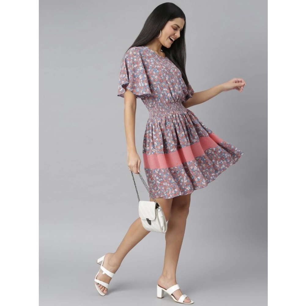 Women's Polyester Moss Floral Round Neck Flutter Dress (Grey-Red) - Image 3