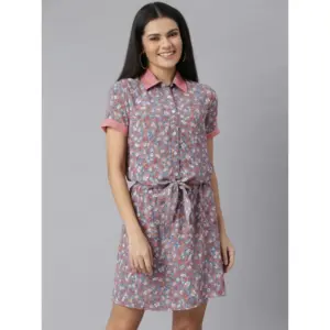 Women's Polyester Moss Floral Collar Neck Short Sleeve Dress (Grey-Red)