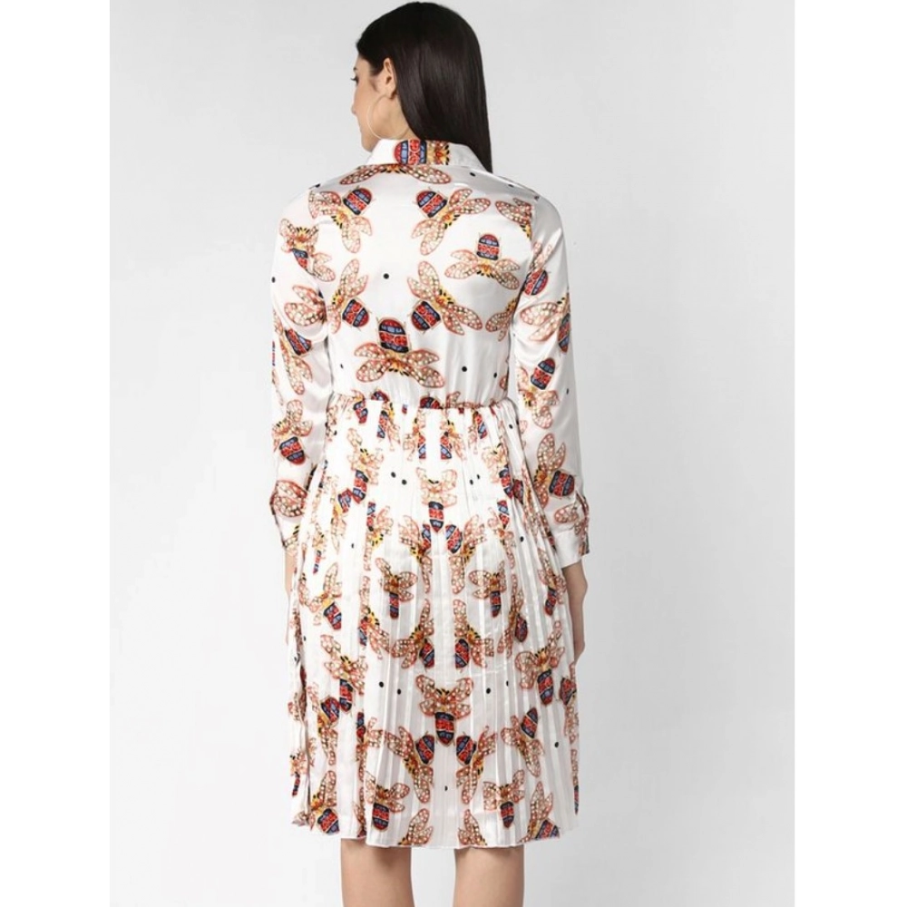 Women's Polyester Pleated Collar Neck Long Sleeves Dress (White) - Image 4