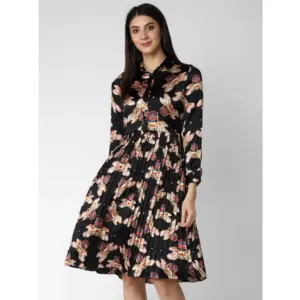 Women's Polyester Pleated Collar Neck Long Sleeves Dress (Black)