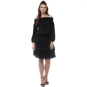 Women's Polyester Moss Solid Off-Shoulder Long Sleeves Dress (Black)