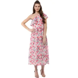 Women's Polyester Crepe Floral One Shoulder One Shoulder Dress (Multicolor)