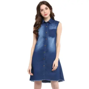 Women's Denim Solid Collar Neck Sleeveless Dress (Blue)