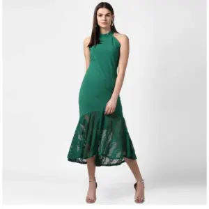 Women's Polyester Asymmetrical Close Neck Sleeveless Dress (Green)