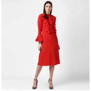 Women's Polyester Ruffled Close Neck Long Sleeves Dress (Red)