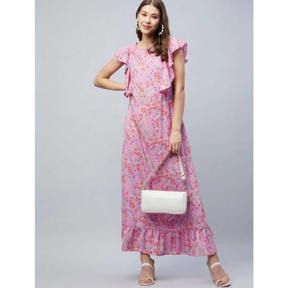Women's Polyester Floral Round Neck Flutter Dress (Lavender) - Image 3