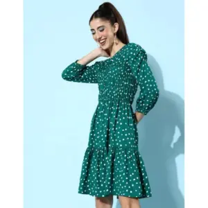 Women's Polyester Moss Polka Round Neck 3/4th Sleeves Dress (Green)