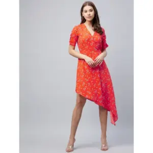 Women's Polyester Floral V-Neck Short Sleeve Dress (Orange)