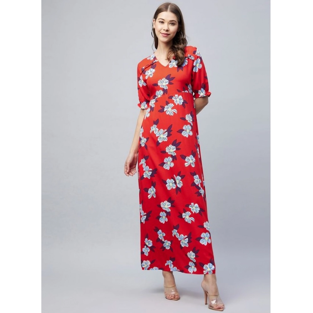 Women's Cotton Blend Floral V-Neck Half Sleeve Dress (Blue-Red) - Image 3