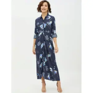 Women's Rayon Floral Collar Neck Long Sleeves Dress (Blue)