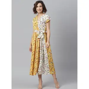 Women's Polyester Floral V-Neck Short Sleeve Dress (Yellow-White)
