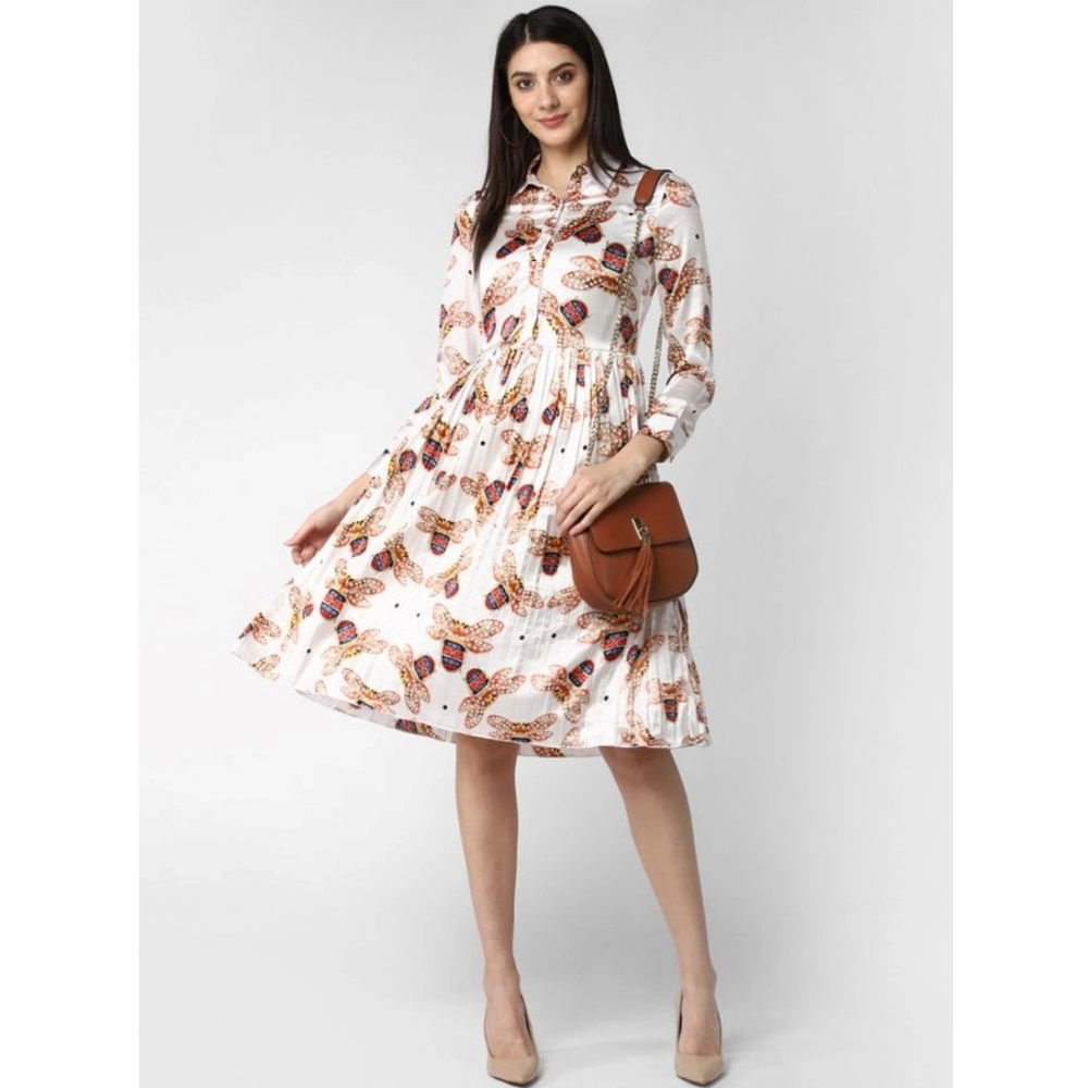 Women's Polyester Pleated Collar Neck Long Sleeves Dress (White) - Image 3