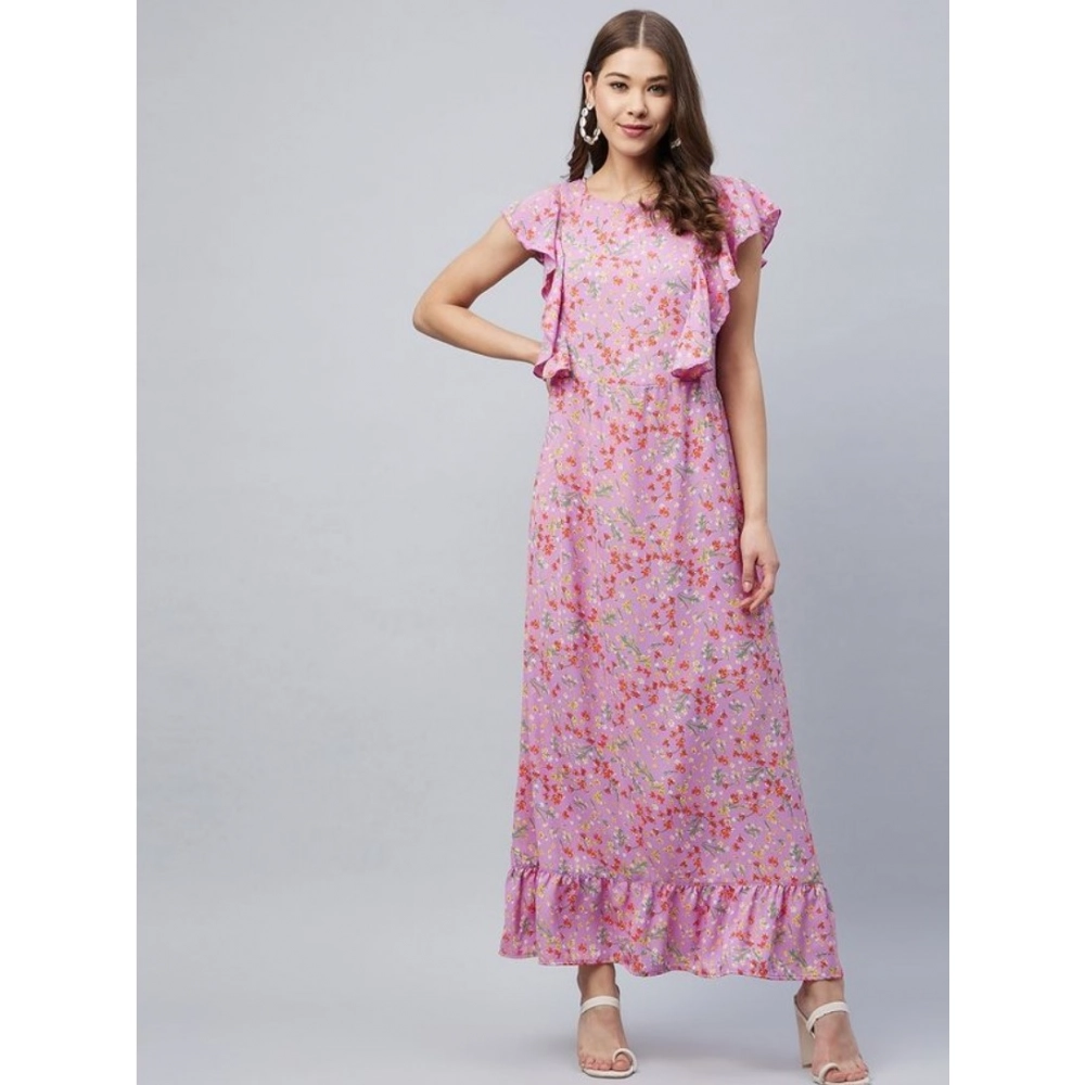 Women's Polyester Floral Round Neck Flutter Dress (Lavender) - Image 4
