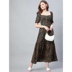 Women's Polyester Moss Floral Square Neck Half Sleeve Dress (Black)
