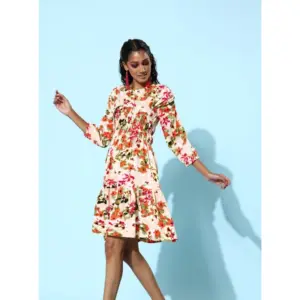 Women's Polyester Moss Polka Round Neck 3/4th Sleeves Dress (Multicolor)