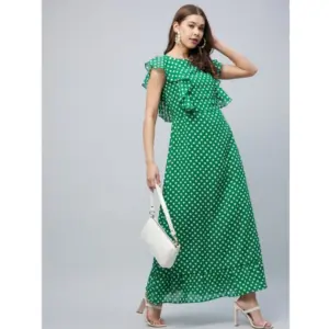 Women's Polyester Polka Close Neck Flutter Dress (Green)