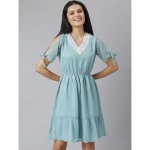 Women's Chiffon Self Design V-Neck Tie Ups Dress (Green)