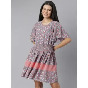 Women's Polyester Moss Floral Round Neck Flutter Dress (Grey-Red)